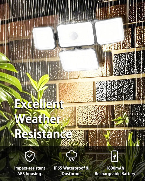 Solar Motion Sensor Flood Lights Outdoor mounted on wall in rain, illustrating weather resistance and durability