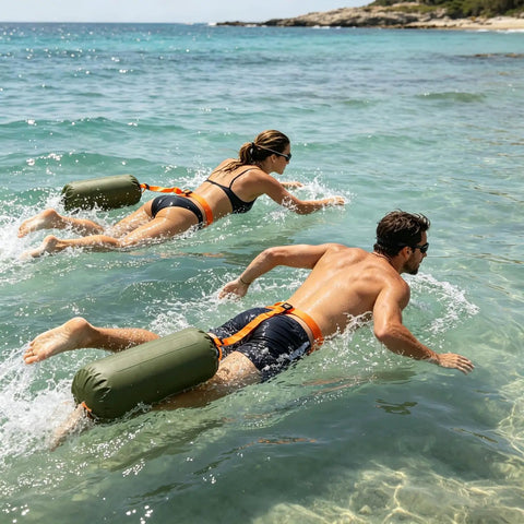 Two people swimming with the Do It All 3 In 1 Inflatable Water Weight Bag For Camping, Swim Float And Tent Anchor, 10L Green