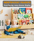 Three Tier Montessori Style Wooden Bookshelf For Toddlers With Front Facing Display And Space Saving Toy Storage, natural finish