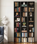 Tall Narrow Bookshelf With Eight Tier Open Cubes Space Saving Corner Bookcase Floor Standing Storage Shelves For Living Room Office Bedroom Super Slim Profile That Crushes Clutter And Keeps Your Setup Lookin Fresh Daily featuring filled black shelves with books and decorative items.