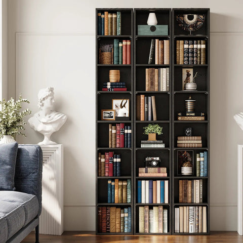 Tall Narrow Bookshelf With Eight Tier Open Cubes Space Saving Corner Bookcase Floor Standing Storage Shelves For Living Room Office Bedroom Super Slim Profile That Crushes Clutter And Keeps Your Setup Lookin Fresh Daily featuring filled black shelves with books and decorative items.