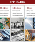 Applications of stainless steel foil in electronics, consumer goods, and construction, showcasing various product uses.