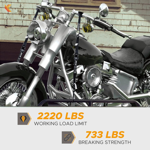 Heavy Duty Ratchet Strap Set 4 Pack 1 Inch Wide By 17 Feet 2200 Lb Break Strength securing motorcycle
