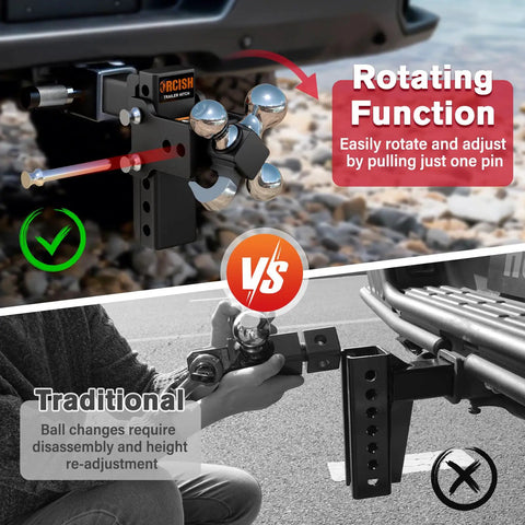 Adjustable Trailer Hitch With 360 Degree Swivel Tri Ball Mount And Tow Hook Lock on truck receiver, rotating 3-in-1 ball system