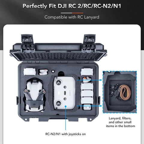 Interior view of Waterproof Hard Case For DJI Mini 4 Pro Mini 3 Pro and RC Transmitters showing custom foam padding layout.