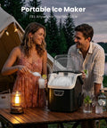 No Sweat Countertop Nugget Ice Maker Grinds Out 35 Pounds Of Smooth Crushed Pebble Ice Daily With Lightning Fast Five Minute Batches And A Roomy Built In Water Reservoir in camping setting with people enjoying ice.