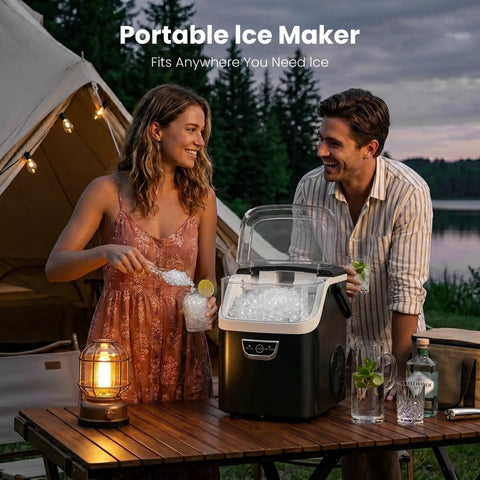 No Sweat Countertop Nugget Ice Maker Grinds Out 35 Pounds Of Smooth Crushed Pebble Ice Daily With Lightning Fast Five Minute Batches And A Roomy Built In Water Reservoir in camping setting with people enjoying ice.