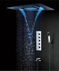 Premium Led Thermostatic Shower System Slick 60 Inch Rainfall Head with Waterfall Mist releasing water streams from a chrome shower unit.