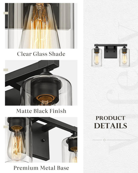 Farmhouse Vanity Light Two Light Fixture With Clear Glass Shades, Sleek Matte Black Wall Mount showing close-up details