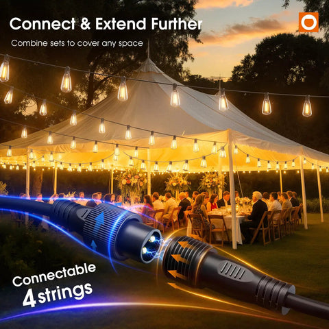 198 Ft Outdoor String Lights With Remote Dimming And Timer Waterproof Patio Lighting illuminating a tent and garden party setup