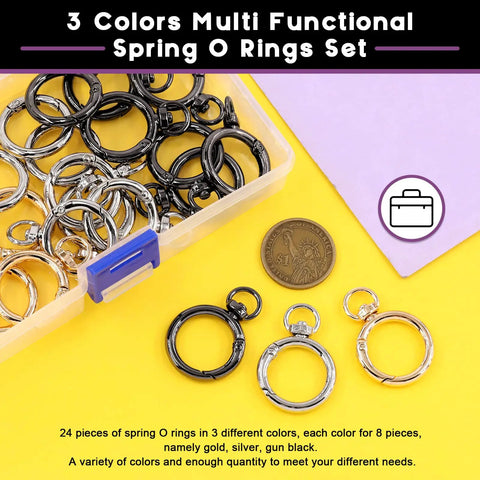 24Pcs Round Spring Clips Kit With Swivel Snap Hooks O Rings D Rings Buckles In 3 Colors 20Mm Inside Diameter Three Quarter Inch