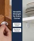 Stainless Steel Right Angle Corner Brackets With Screws, 24 Pack, L Shaped Braces supporting wood chair and shelf.