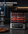 Pro Food Dehydrator With Slick One Touch Presets And Five Stackable Trays For Hassle Free Jerky Fruit Herbs And Dog Treats Straight Up Digital Timer Controls, showing low noise operation and adjustable thermostat.