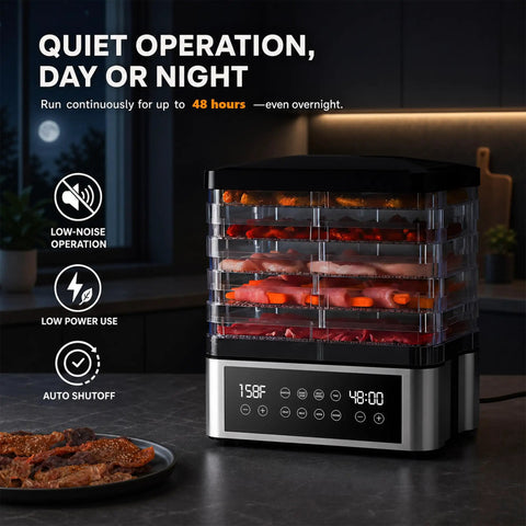 Pro Food Dehydrator With Slick One Touch Presets And Five Stackable Trays For Hassle Free Jerky Fruit Herbs And Dog Treats Straight Up Digital Timer Controls, showing low noise operation and adjustable thermostat.