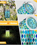 Collage of Three Piece Solar Powered Mosaic Lights Set For Outdoor Hanging Use Blue Lanterns Waterproof Night Lights