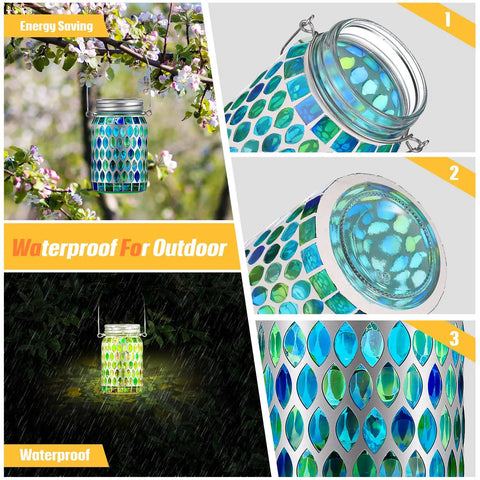 Collage of Three Piece Solar Powered Mosaic Lights Set For Outdoor Hanging Use Blue Lanterns Waterproof Night Lights