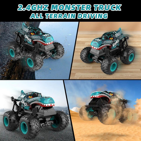 Totally Rad Dinosaur RC Monster Truck for Kids Ages 4 To 7, 1:20 Scale Remote Control Car With Lights And Music in various terrains