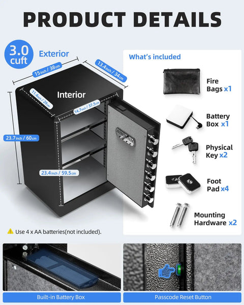 Image of 3.0 Cubic Feet Home Safe Box Built Tough With Fireproof Waterproof Bag featuring the digital keypad and six live locking bolts.