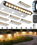 All In One Outdoor Retaining Wall Lights Kit With Transformer 2700K Warm White Hardscape Landscape Lighting IP68 Waterproof Step Lights For Patio Stairs Fence Decor 3W 8 Pack illuminated against a stone retaining wall in landscaped garden