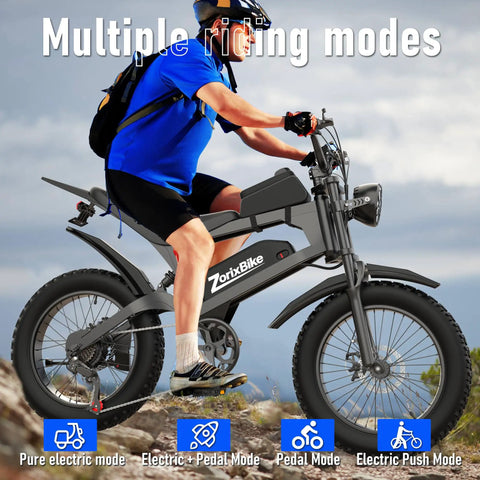 Fat Tire Electric Bike For Adults with 48V 20Ah Battery, rider on rocky terrain showcasing multiple riding modes