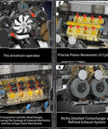 W16 Engine Building Kit That Lets You Build Your Own 16-Cylinder V8 Power, Turbocharged STEM Car Engine Model imagery showing drivetrain, piston movement, and turbo details.