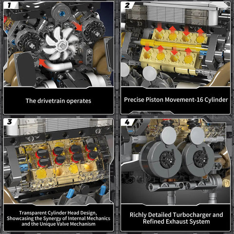 W16 Engine Building Kit That Lets You Build Your Own 16-Cylinder V8 Power, Turbocharged STEM Car Engine Model imagery showing drivetrain, piston movement, and turbo details.