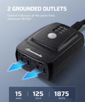 Weatherproof Outdoor Timer Outlet With 100 Ft Remote Control, Dual Grounded Outlets For Outdoor String Lights, 15 Amp 120V UL Listed shown with two grounded outlets labeled 2, 15 Amps, 125 Volts, 1875 Watts