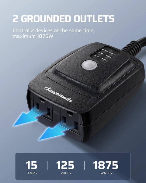 Weatherproof Outdoor Timer Outlet With 100 Ft Remote Control, Dual Grounded Outlets For Outdoor String Lights, 15 Amp 120V UL Listed shown with two grounded outlets labeled 2, 15 Amps, 125 Volts, 1875 Watts