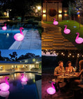 Solar Flamingo Floating Pool Lights 4 Pack creating ambiance in pools, gardens, and yards at night, IP68 waterproof, glow in the dark