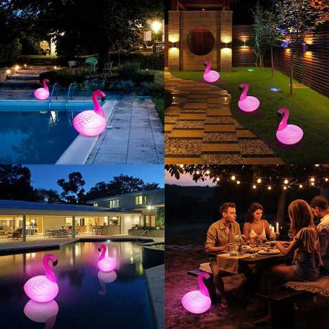 Solar Flamingo Floating Pool Lights 4 Pack creating ambiance in pools, gardens, and yards at night, IP68 waterproof, glow in the dark