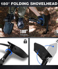 Beast Survival Folding Camp Shovel With Pickaxe Tri Fold Tactical Entrenching Tool shown folded and at different angles