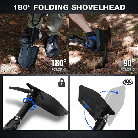 Beast Survival Folding Camp Shovel With Pickaxe Tri Fold Tactical Entrenching Tool shown folded and at different angles