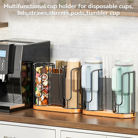Cup And Lids Holder With Wooden Base For Disposable Cups Straws Organizer And Dispenser On Countertop Coffee Station
