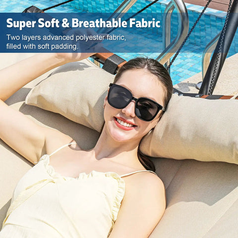 Woman relaxing on 12 Foot Two Person Hammock With Stand Included For Outdoor Patio Garden Beach And Poolside Beige
