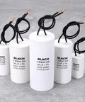 Assorted BLNCH CBB60 SH capacitors, white, labeled 15-80uF, 450VAC, for single-phase motors in HVAC and appliances