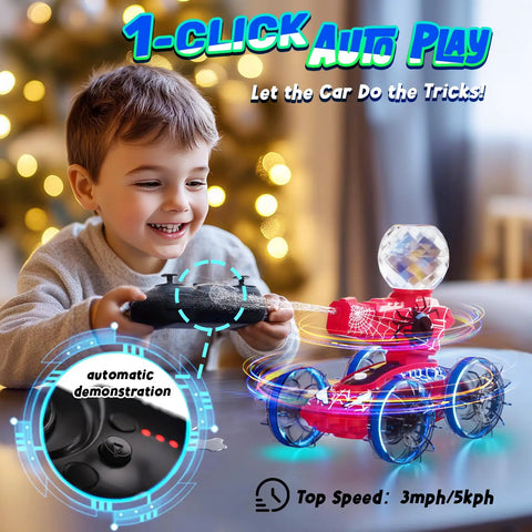 Child playing with Amphibious Remote Control Car With Water Gun 3 In 1 Waterproof RC Car Boat for kids in decorated room