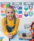 Girl in classroom with 12 Piece Classroom Poster Set With 11 By 17 Maps And Math Charts Including Addition Place Value Subtraction displayed