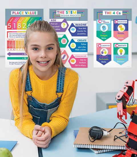 Girl in classroom with 12 Piece Classroom Poster Set With 11 By 17 Maps And Math Charts Including Addition Place Value Subtraction displayed