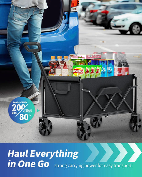 Collapsible Wagon With Wheels Foldable Dog Cart That Holds Up To 200 Lbs 80L Interior Storage Heavy Duty Utility Shopping Cart