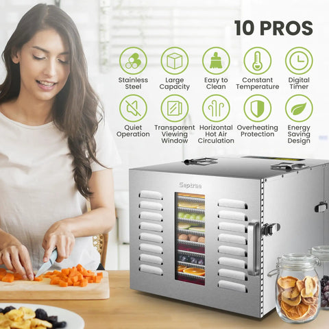 Commercial Grade 10 Tray Food Dehydrator With Stainless Steel Trays 1000 Watts Thermostat for making jerky and dried fruits.