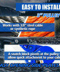 Snatch Block With Hook For Tow Truck Use, 2 Ton Capacity, 3/8 Inch Wire Rope, 3 Inch Pulley, Heavy Duty Pulley System With Drop-Side Design For Safe, Fast Hookups And Effortless Heavy Lifting. Blue snatch block with hook, 3-inch pulley, for 3/8-inch wire rope.