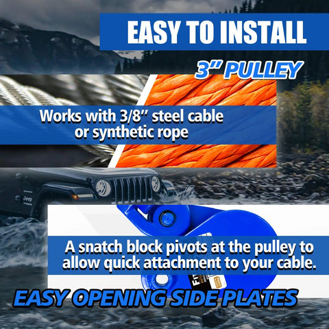Snatch Block With Hook For Tow Truck Use, 2 Ton Capacity, 3/8 Inch Wire Rope, 3 Inch Pulley, Heavy Duty Pulley System With Drop-Side Design For Safe, Fast Hookups And Effortless Heavy Lifting. Blue snatch block with hook, 3-inch pulley, for 3/8-inch wire rope.