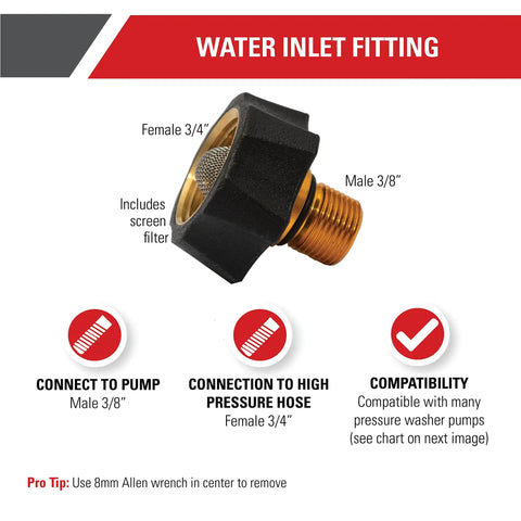 Water Inlet Fitting For Pressure Washer Pumps Heavy Duty Replacement Part To Restore Power Washing Easy Install Compatible With Multiple Models Brass Fitting For Strong Seal Quick Fix For Leaks And Pressure Loss illustrated with female 3/4 inch and male 3/8 inch ends, includes screen filter, compatibility icons visible.