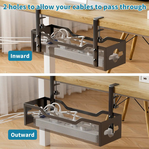 Under Desk Cable Management Tray No Drill Clamp Mount Metal Mesh 2 Hole Cable Tray for Wire Management in Home Office Setup