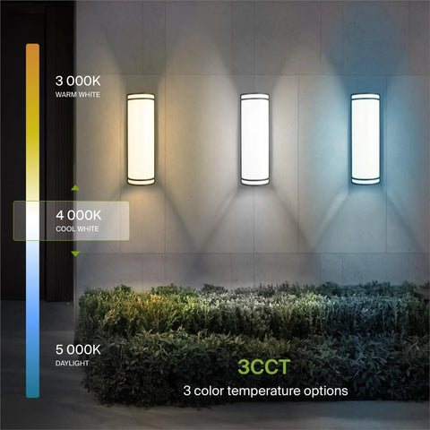 Three 10 Inch Outdoor Wall Mount LED Sconce Lights with color selectable 3000K, 4000K, and 5000K options illuminating a wall.