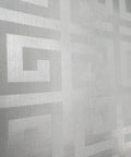 Modern Geometric Greek Key Wallpaper With Metallic Matte Finish detail showing matte silver design on textured surface.