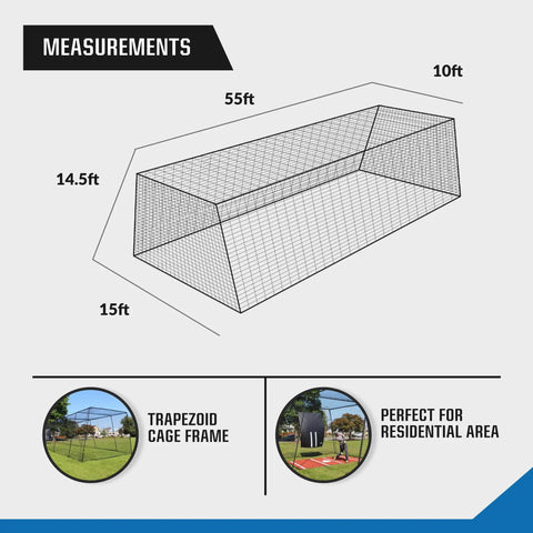 Diagram of 55 ft freestanding trapezoid batting cage showing dimensions for baseball and softball training, steel frame visible