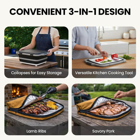 Grab And Go BBQ Prep Tub With Blanket 16L Collapsible Dish Basin And Cutting Board With Lid For Meal Prep, shown in use.
