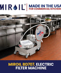 Commercial Electric Fryer Oil Filter System With Fry Powder Included Handles 75 Lb Grease Loads Portable Filtration Cart in a busy kitchen.