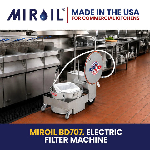 Commercial Electric Fryer Oil Filter System With Fry Powder Included Handles 75 Lb Grease Loads Portable Filtration Cart in a busy kitchen.